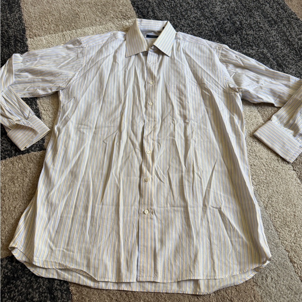 Burberry yellow and blue Striped Mens Dress Shirt- 17R